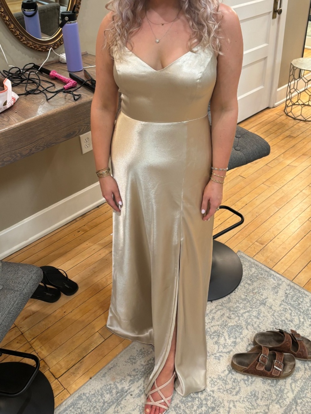 Birdie Grey Jay Dress in Shiny Satin Neutral Champagne